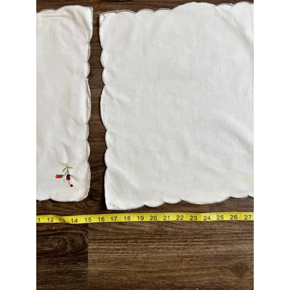 Vintage 5pc Cloth Napkins White Cotton Red Floral Rose Embroidery AS IS 15